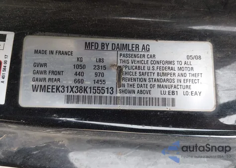 2008 Smart Fortwo Passion z USA, uszkodzony, nr VIN WMEEK31X38K155513